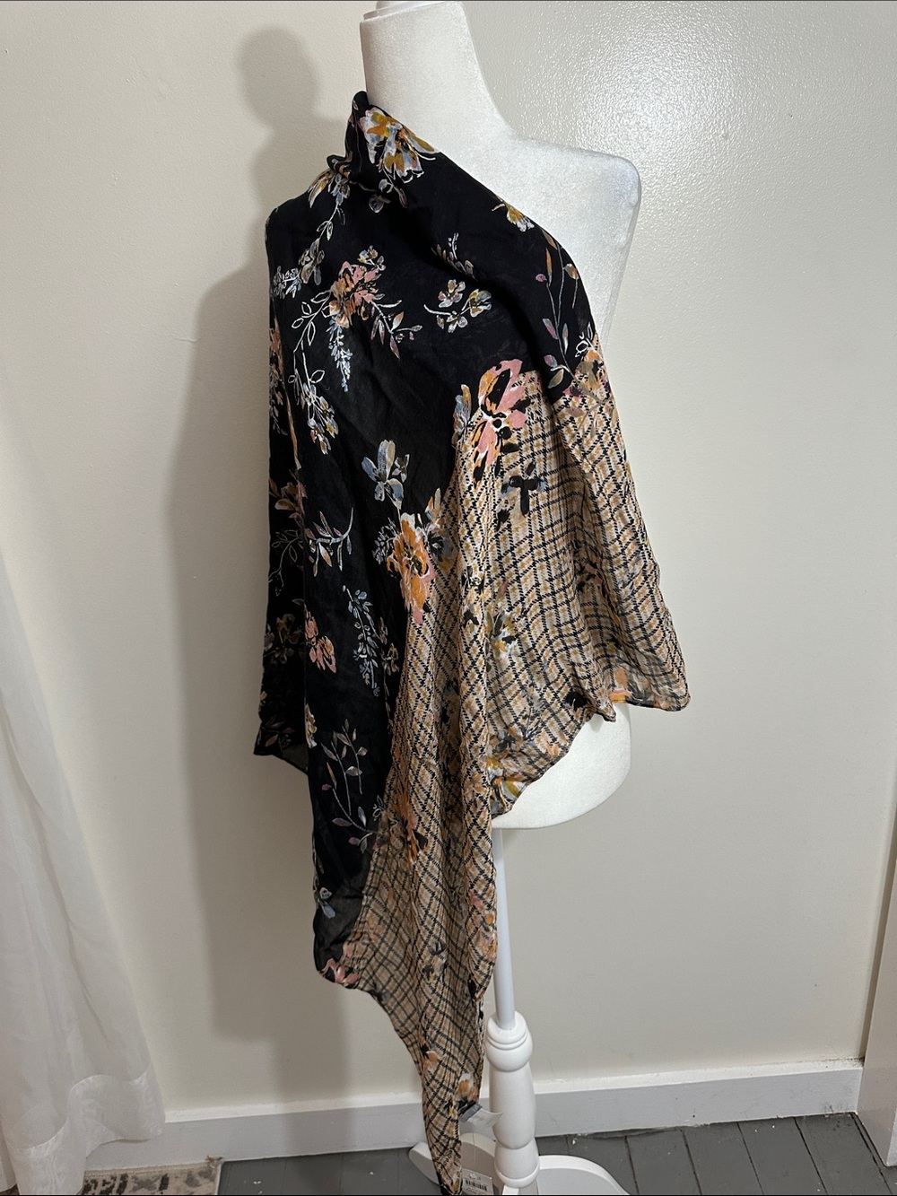J. Jill Black Floral & Tan Plaid Lightweight Wrap Scarf